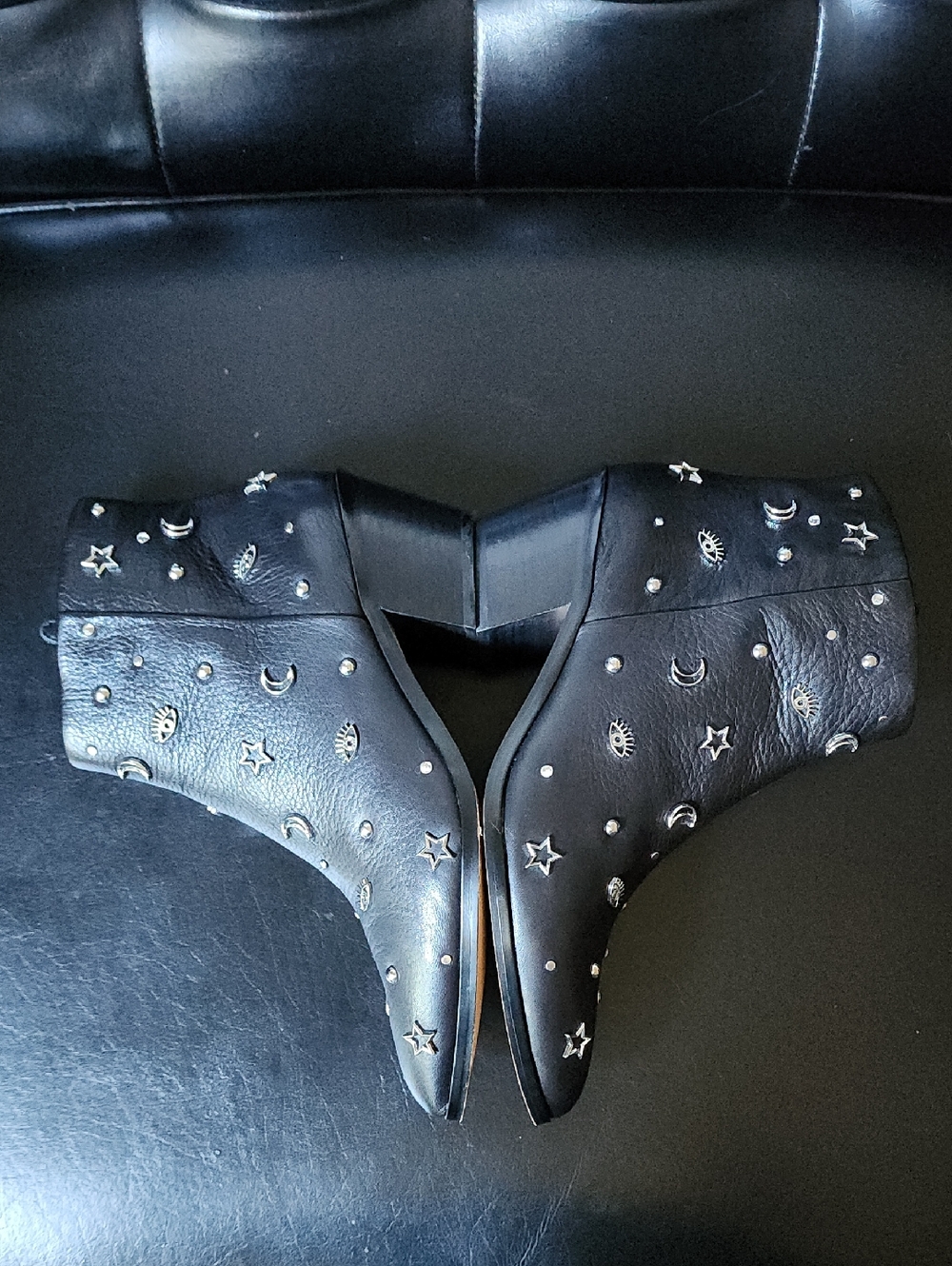Rebecca Minkoff Lizzie Black Leather Celestial Studded Ankle Booties Size 9 - Picture 12 of 16